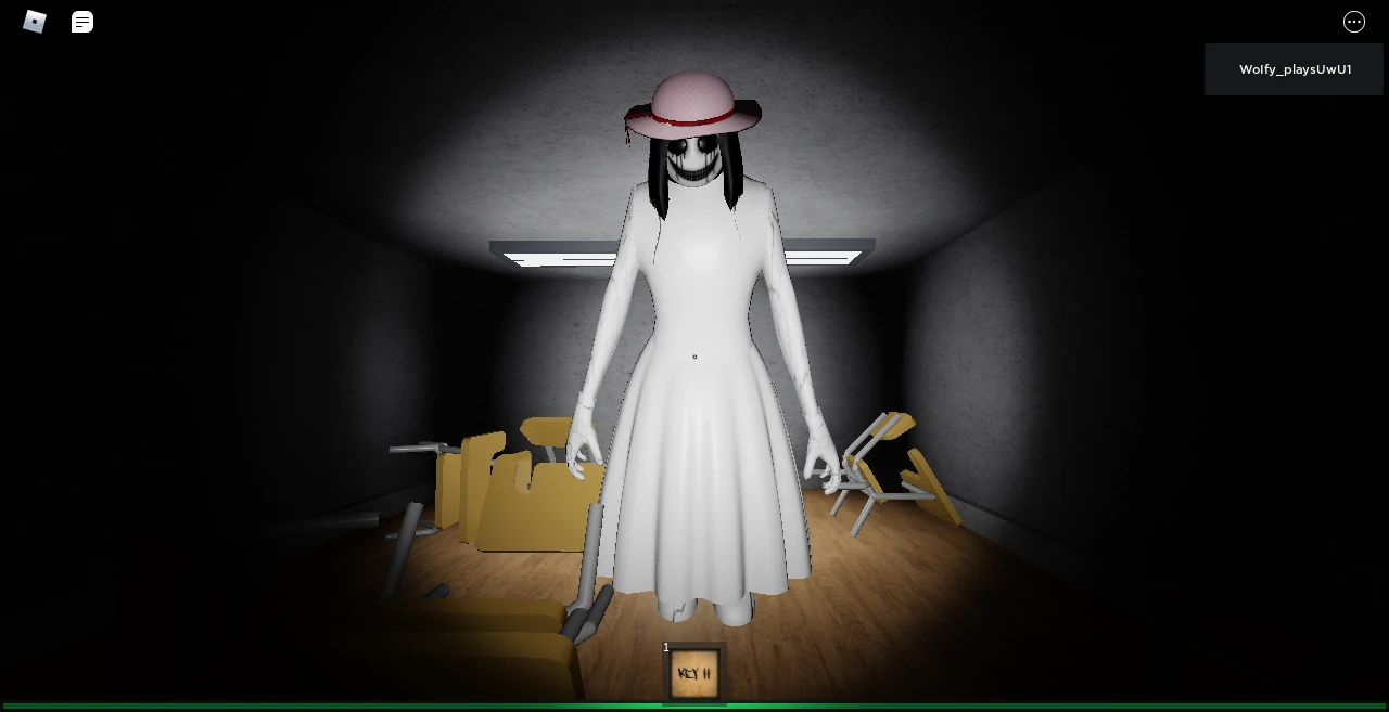 The Mimic ghost encounter gameplay The Mimic Roblox gameplay scene featuring a ghostly white-dressed figure in a dim room